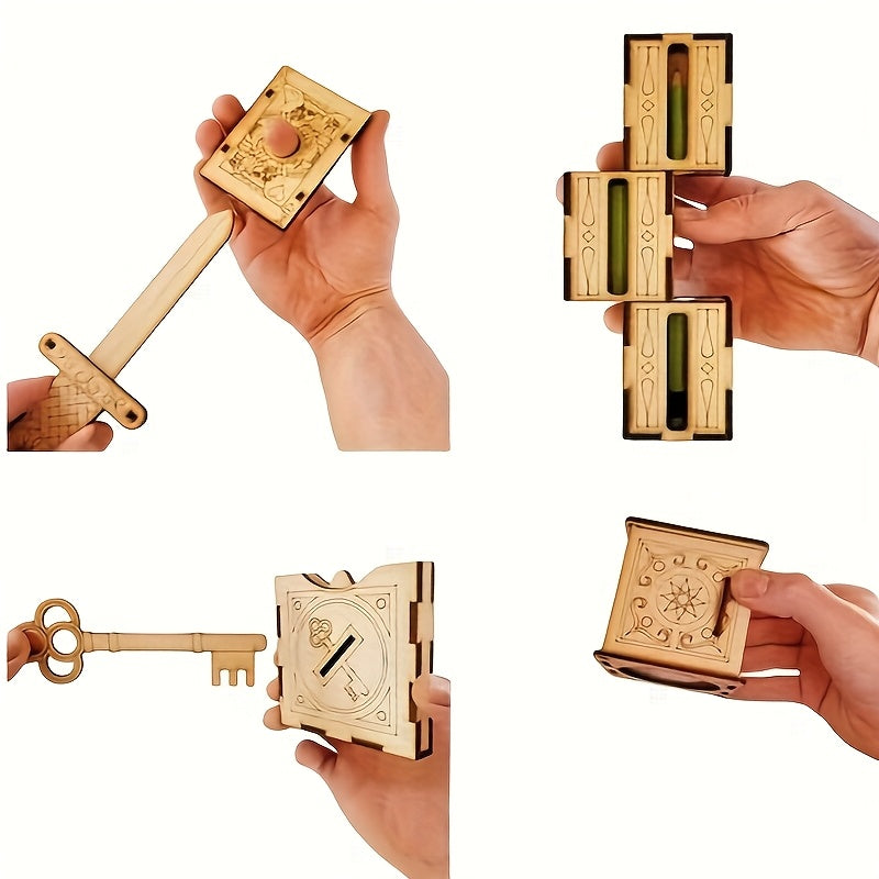 3D Wooden Magic Puzzle Set 4-in-1 STEM Brain Teaser Kit – Sword Trick Coin Key Illusion Puzzles for Adults Teens, Unique Christmas Birthday Holiday Gift