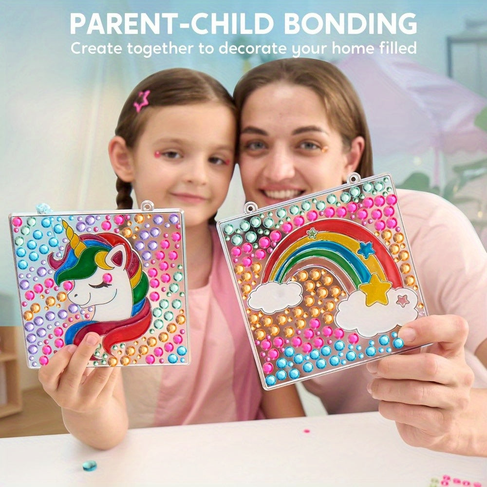 4-Piece Suncatcher Painting Kit 2-in-1 Gem Stickers and Window Paint Pens Butterfly Unicorn Rainbow Sun Designs Arts Crafts Gift for Girls Boys Ages 6 Plus
