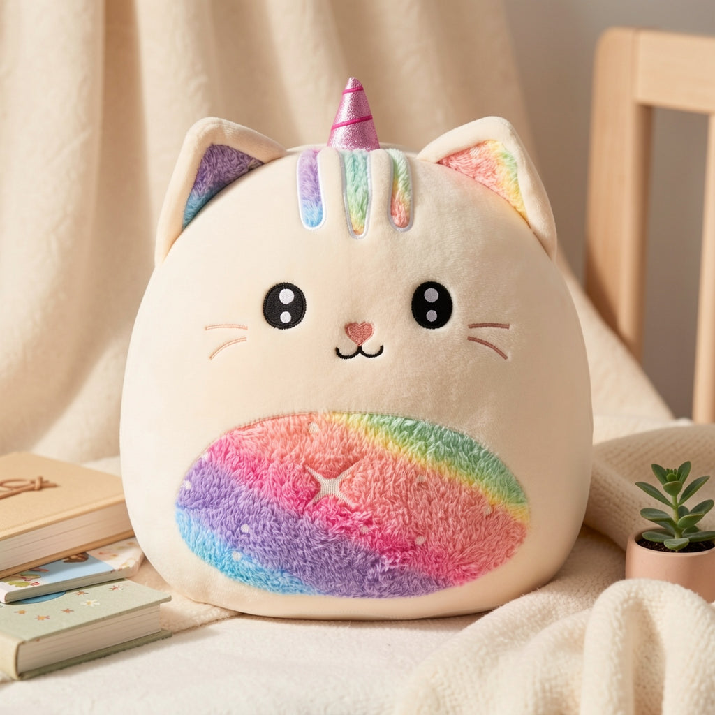 Rainbow Unicorn Kitty Plush Stuffed Pillow - Unicorn Cat Stuffed Animal for Room Decor, Fantasy Playroom Decor, Birthday Mother's Day Gift for Kids Girls Women Friends