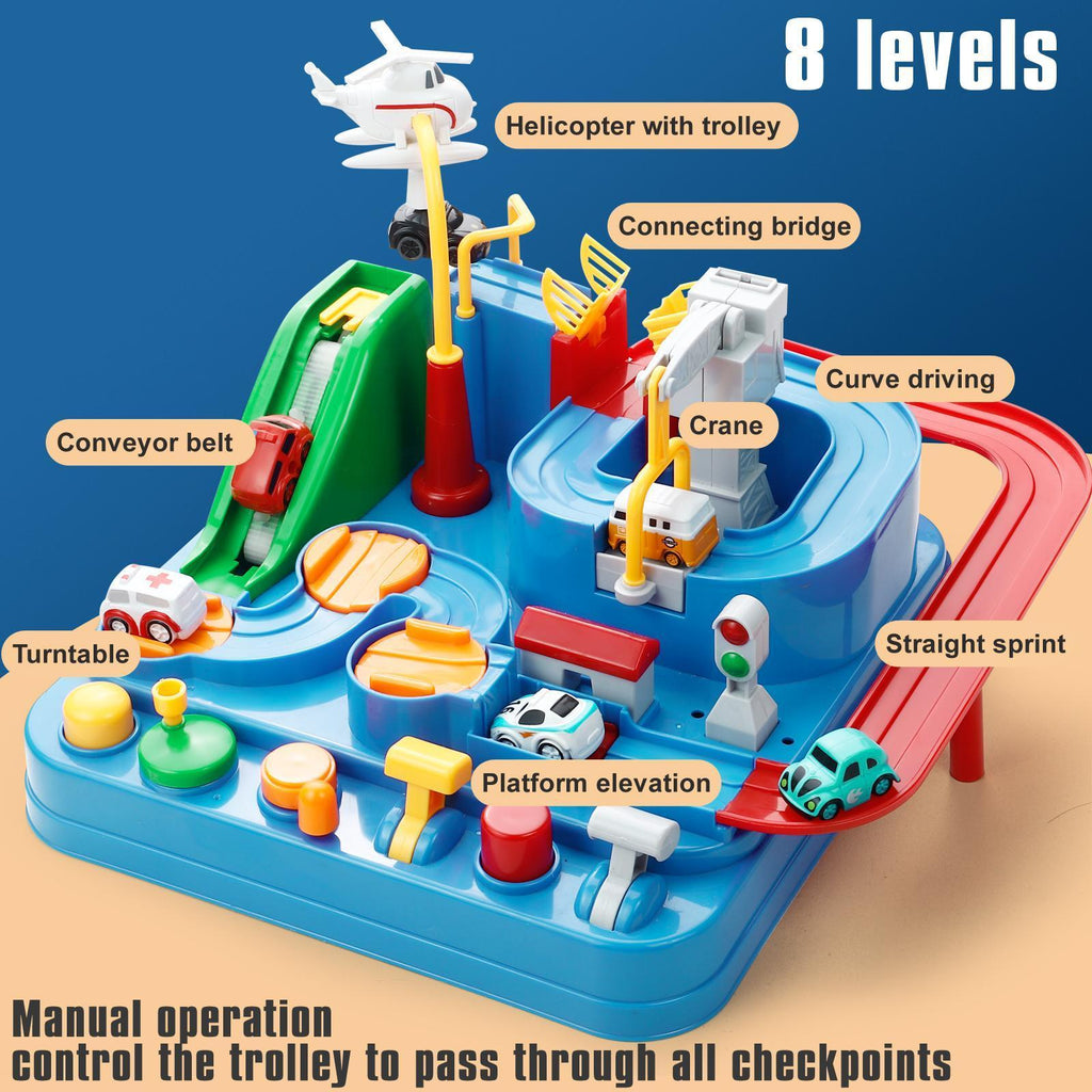 Kids Manual Race Track Playset 8-Level with 6 Mini Cars – Car Adventure Toy with Helicopter, Parking Lot, Sliding Rail & Checkpoint, No Battery Needed, Birthday Gift for Boys Girls Toddlers