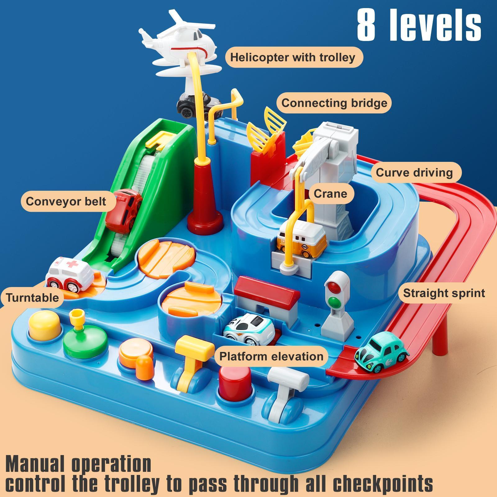 Kids Manual Race Track Playset 8-Level with 6 Mini Cars – Car Adventure Toy with Helicopter, Parking Lot, Sliding Rail & Checkpoint, No Battery Needed, Birthday Gift for Boys Girls Toddlers