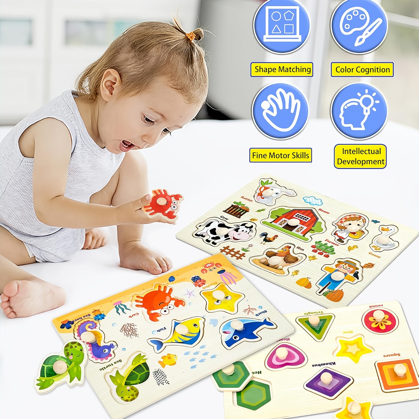Wooden Jigsaw Puzzles for Toddlers Preschoolers Farm Animal Dinosaur Fruit Shape Number Educational STEM Toy Boys Girls Ages 2-5