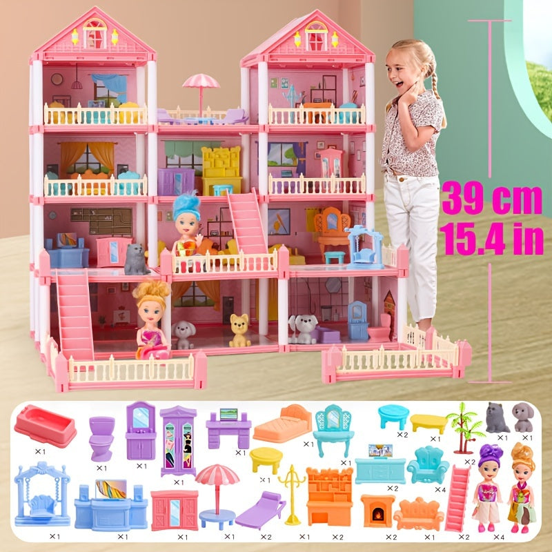 Dollhouse Princess Castle with Furniture – 11 to 27 Room Doll Villa Play Set for Girls Logical Thinking Toy Birthday Christmas Gift Kids Ages 3+ Pink Blue