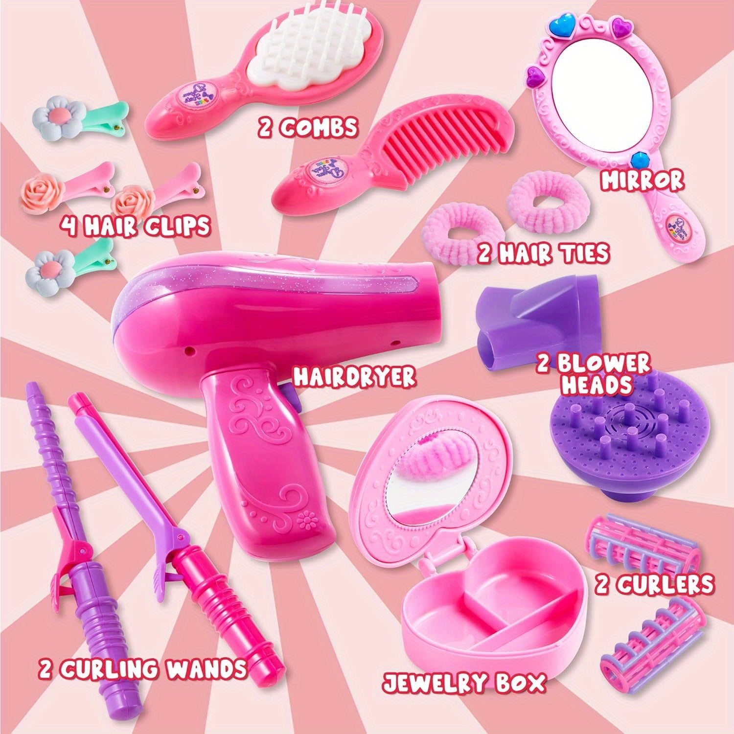 Girls Beauty Salon Set 17pcs Pretend Play Hair Stylist Toy Kit with Hairdryer Mirror Curling Iron Kids Ages 3+ Birthday Christmas Gift