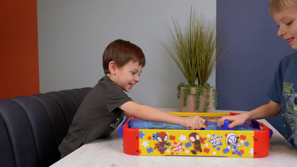 Tabletop Air Hockey Game for Kids Marvel Spidey and His Amazing Friends – Officially Licensed Wood Air Hockey Table, Manual Score Tracker, Family Game Night Gift Boys Girls Ages 3+