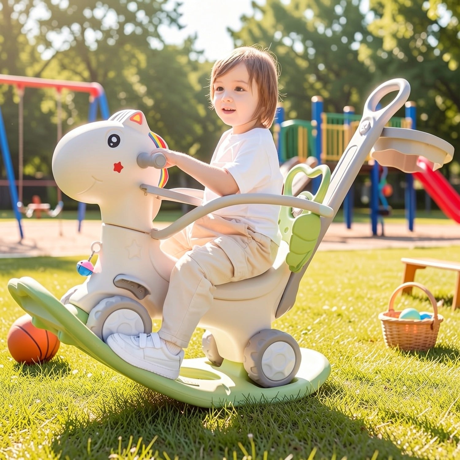 4-in-1 Rocking Horse with Basketball Hoop & Safety Push Rod for Toddlers 1+ – Ride-On Bike, Balance Bike & Balance Board, Indoor Outdoor Baby Balance Toy, Birthday Gift Boys & Girls