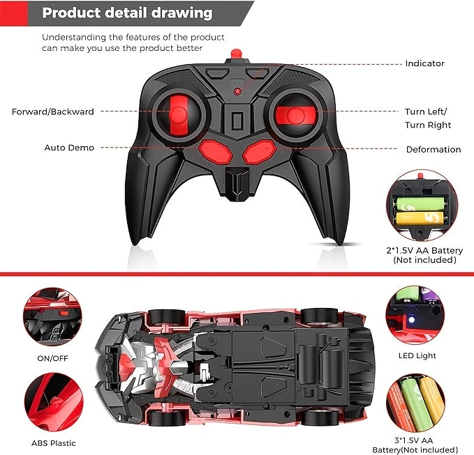Transform Robot RC Car 1:18 Scale One-Click Car to Robot 2.4GHz 360 Drift LED Light 45M Range Non-Toxic ABS Kids Boys Ages 3+ Birthday Christmas Gift