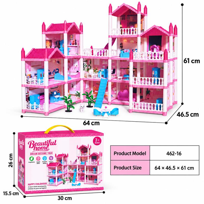Dollhouse with Lights by CUTE STONE, 14 or 16 Room Princess Playhouse with Furniture and Accessories, Pink or Blue Pretend Play Gift for Kids Ages 3+