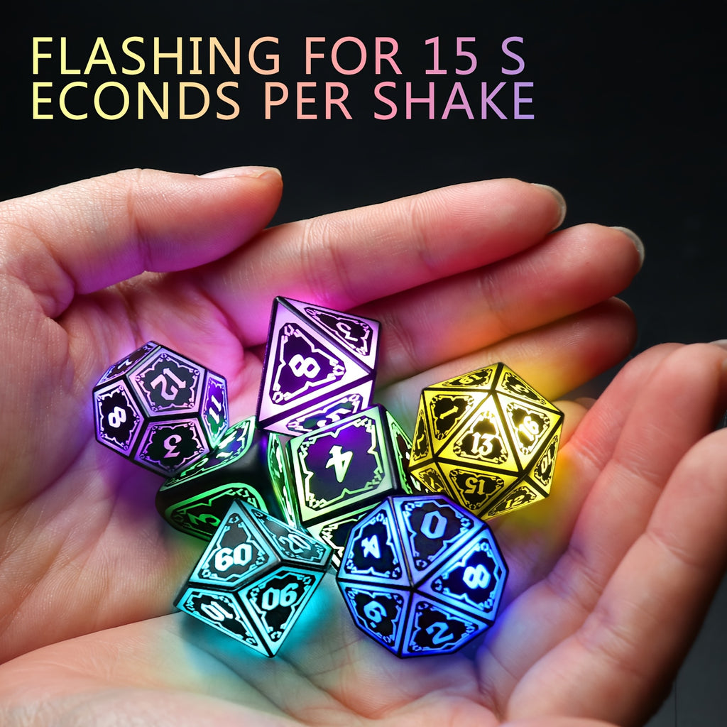 LED DND Dice Set with Wireless Rechargeable Charging Case 7 Polyhedral Glowing Dice – D4 D6 D8 D10 D12 D20 D100 for RPG Tabletop Games, Clear Numbers, 6Hr Battery, Christmas Halloween Gift