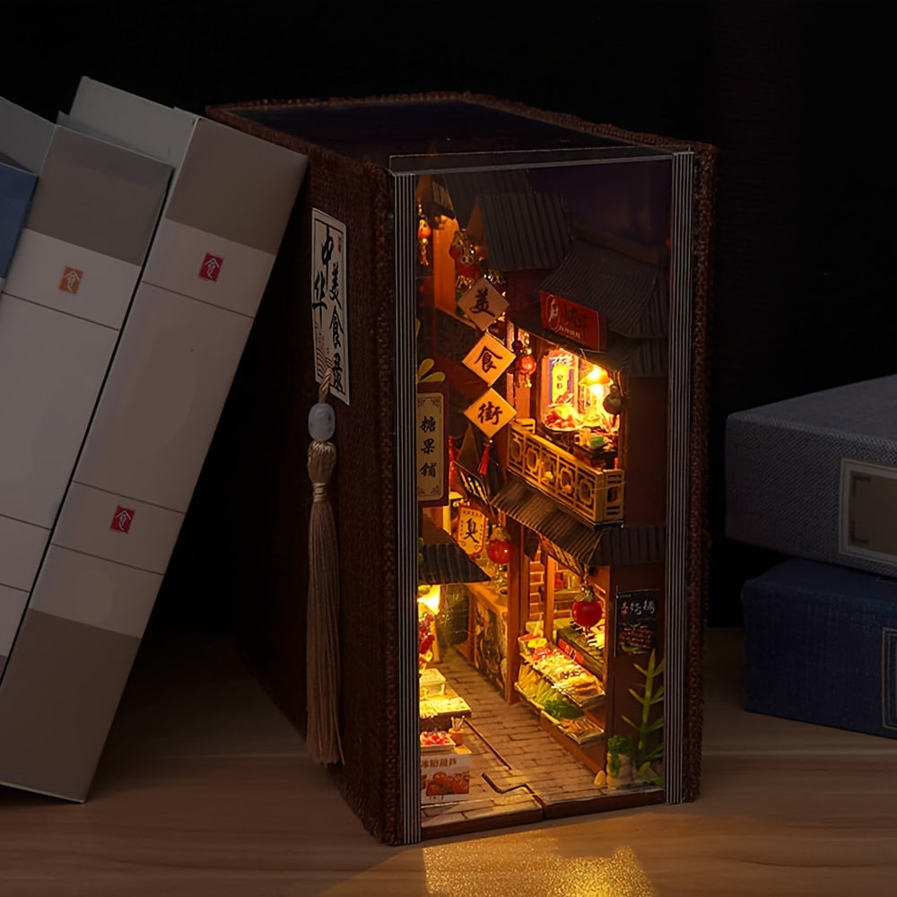 Book Nook Kit DIY Miniature Chinese Food Street – 3D Wooden Puzzle Bookshelf Insert Dollhouse Home Decor Gift for Teens Adults Birthday Christmas No Glue No Battery