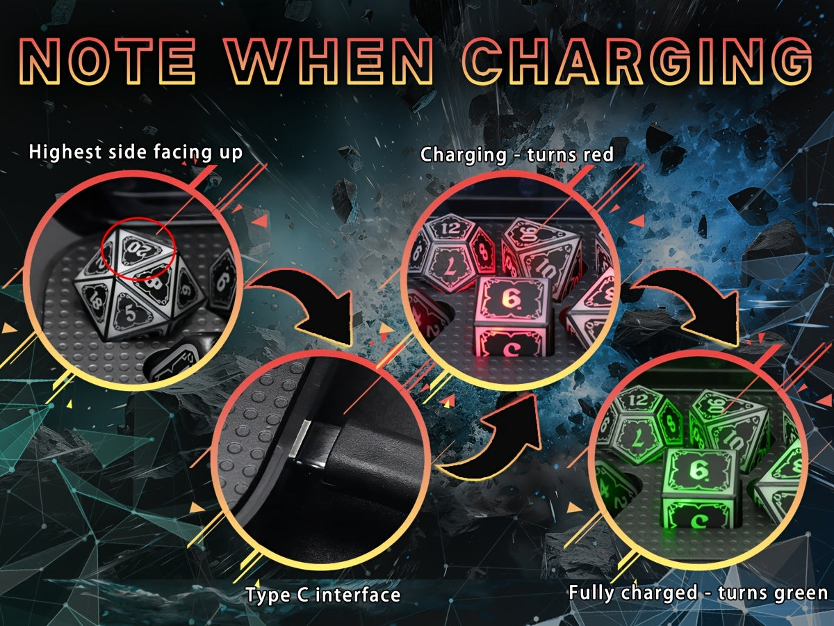 LED DND Dice Set with Wireless Rechargeable Charging Case 7 Polyhedral Glowing Dice – D4 D6 D8 D10 D12 D20 D100 for RPG Tabletop Games, Clear Numbers, 6Hr Battery, Christmas Halloween Gift