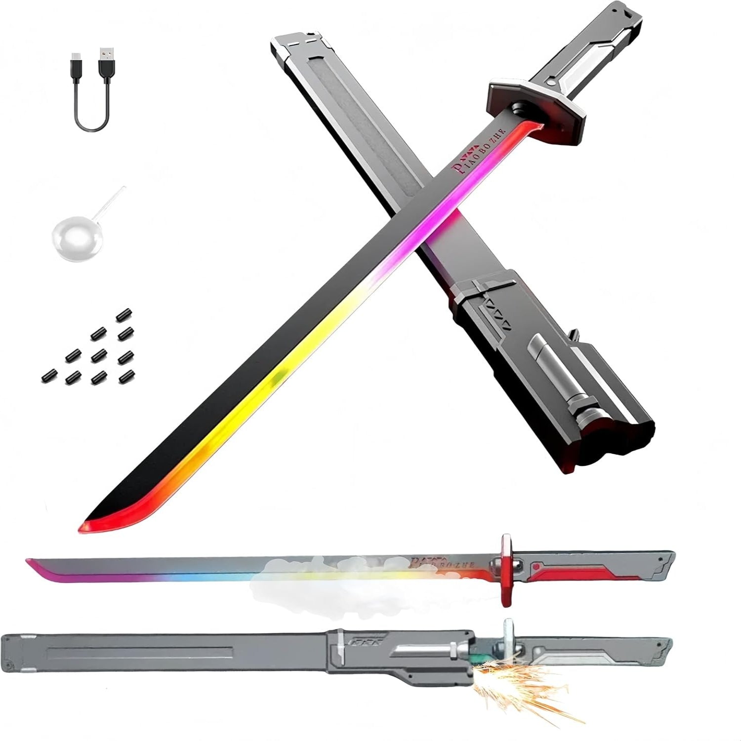Cyberpunk Neon Sword 31.5" with Hit Sensor, Spark Blade, Fog & Sound Effects – Type-C Rechargeable LED Cosplay Prop for Rave, LARP, Halloween & Display, Ages 16+