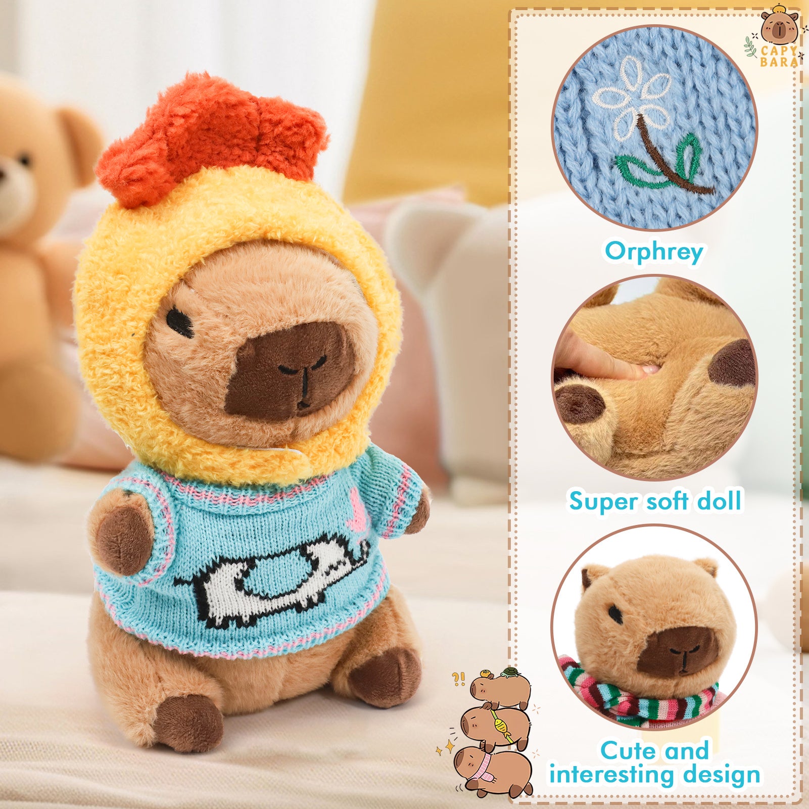 Capybara Plush Toy with 10 Clothes & Accessories – Soft Stuffed Capybara Dress Up Plushie, Cute Capybara Gift for Kids Boys Girls Birthday