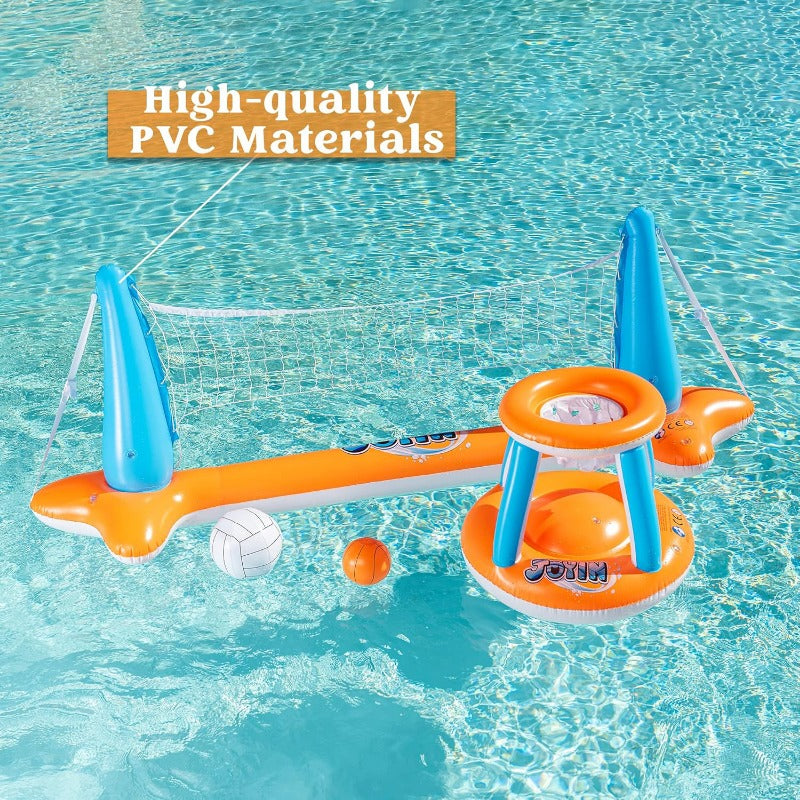 Inflatable Pool Float Set Volleyball Net & Basketball Hoops Swimming Pool Games for Kids Adults Summer Party Floaties Outdoor Water Sports Toy Orange