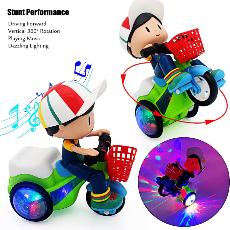 Toddler Electric Tricycle Toy Motorcycle with 360° Rotation & Luminous Lights – Push & Self-Power Kids Ride-On Stunt Vehicle, Birthday Christmas Gift for Boys Girls