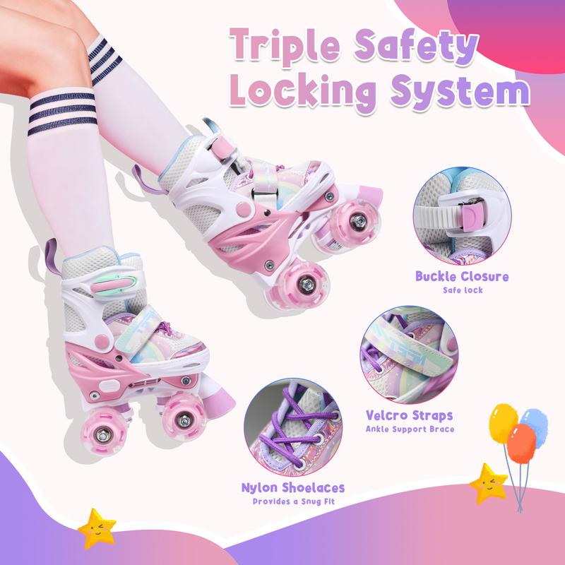 Adjustable Quad Roller Skates for Beginners by NPET, Light-Up Wheels and Hook-and-Loop Fit in Three Size Ranges for Indoor and Outdoor Practice