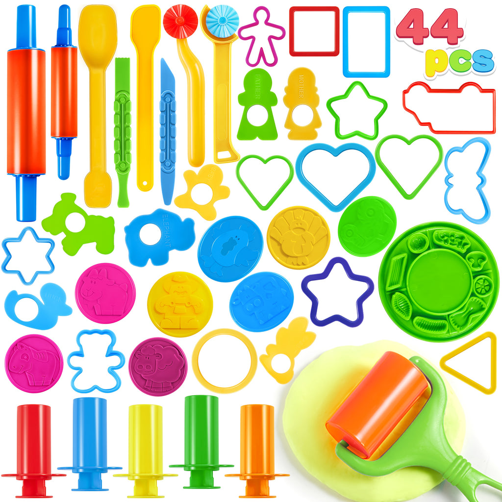 Clay Tools Set for Kids 44 Pcs Dough Accessories with Molds Rolling Pins Cutters Easy Grip Handles Non-Toxic ABS Plastic Party Favor Christmas Gift