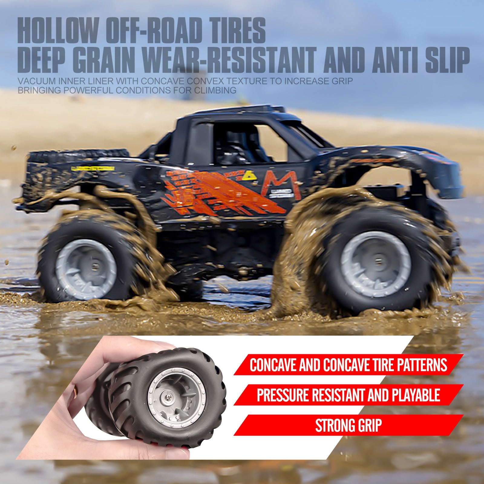 Amphibious RC Monster Truck 1:16 Scale 4WD Waterproof - 2 Rechargeable Batteries, All Terrain Off-Road RC Car for Kids Boys Ages 4-7, Birthday Gift