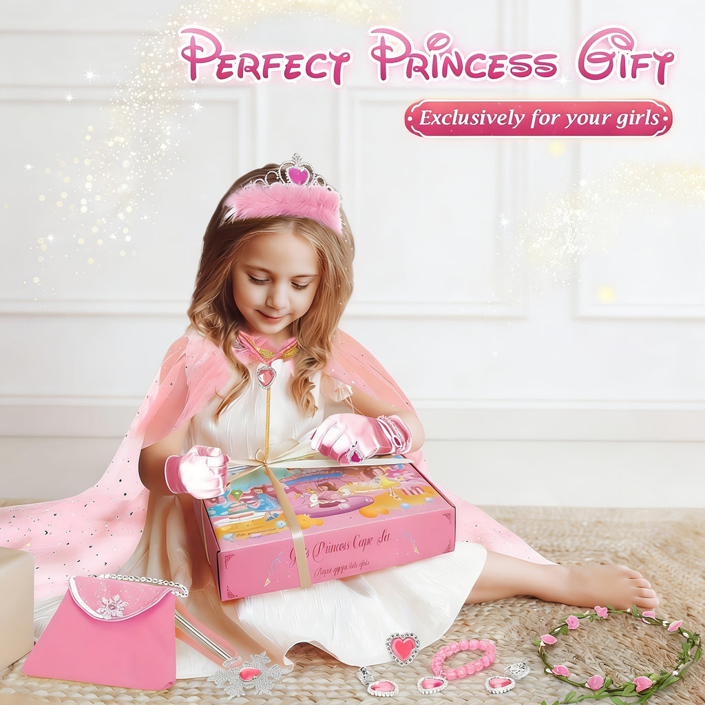 Princess Cape Dress Up Set 12pcs for Girls with Purse Gloves Tiara Jewelry Headband – Kids Costume Accessories for Birthday Halloween Christmas Cosplay Party Gift