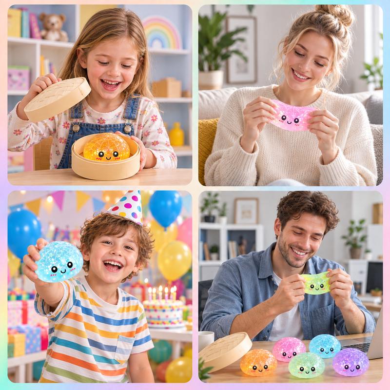 Glitter Dumpling Squishy Toy Mystery Box, Random Color Soft Sensory Fidget with Mini Steamer Storage for Desk Breaks and Surprise Gifts