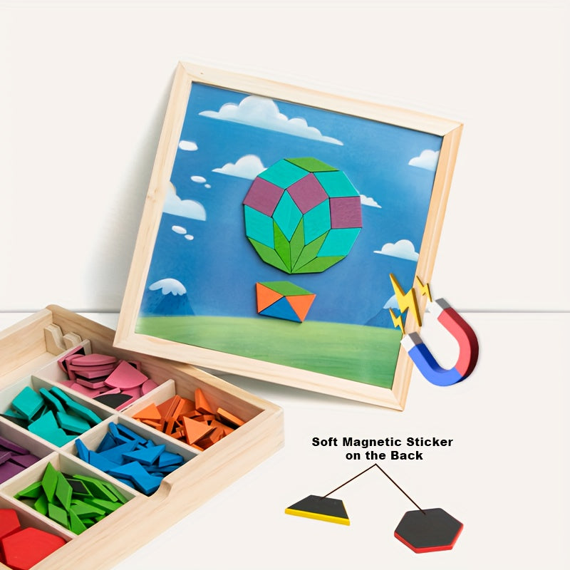 Geometric Shape Magnetic Wooden Puzzle 128-220pcs Educational Cognitive Learning Toy for Toddlers Kids Preschool Montessori STEM Birthday Gift