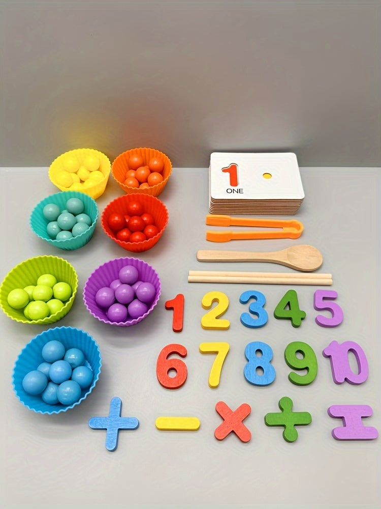 Colorful Wooden Bead Counting Set with Tweezers, Number Puzzle & Matching Cards – Fine Motor Skills Toy for Toddlers, STEM Learning Gift for Kids Ages 3+