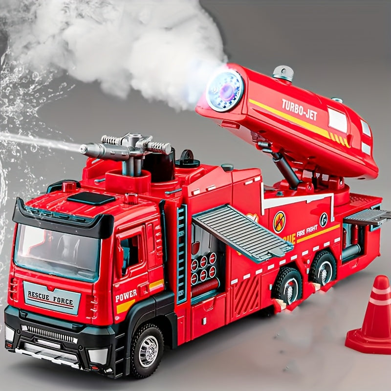 Die-Cast Fire Truck Toy with Water Mist Spray Lights Sounds Pull Back Zinc Alloy Fire Rescue Vehicle for Kids Boys Girls Ages 3+