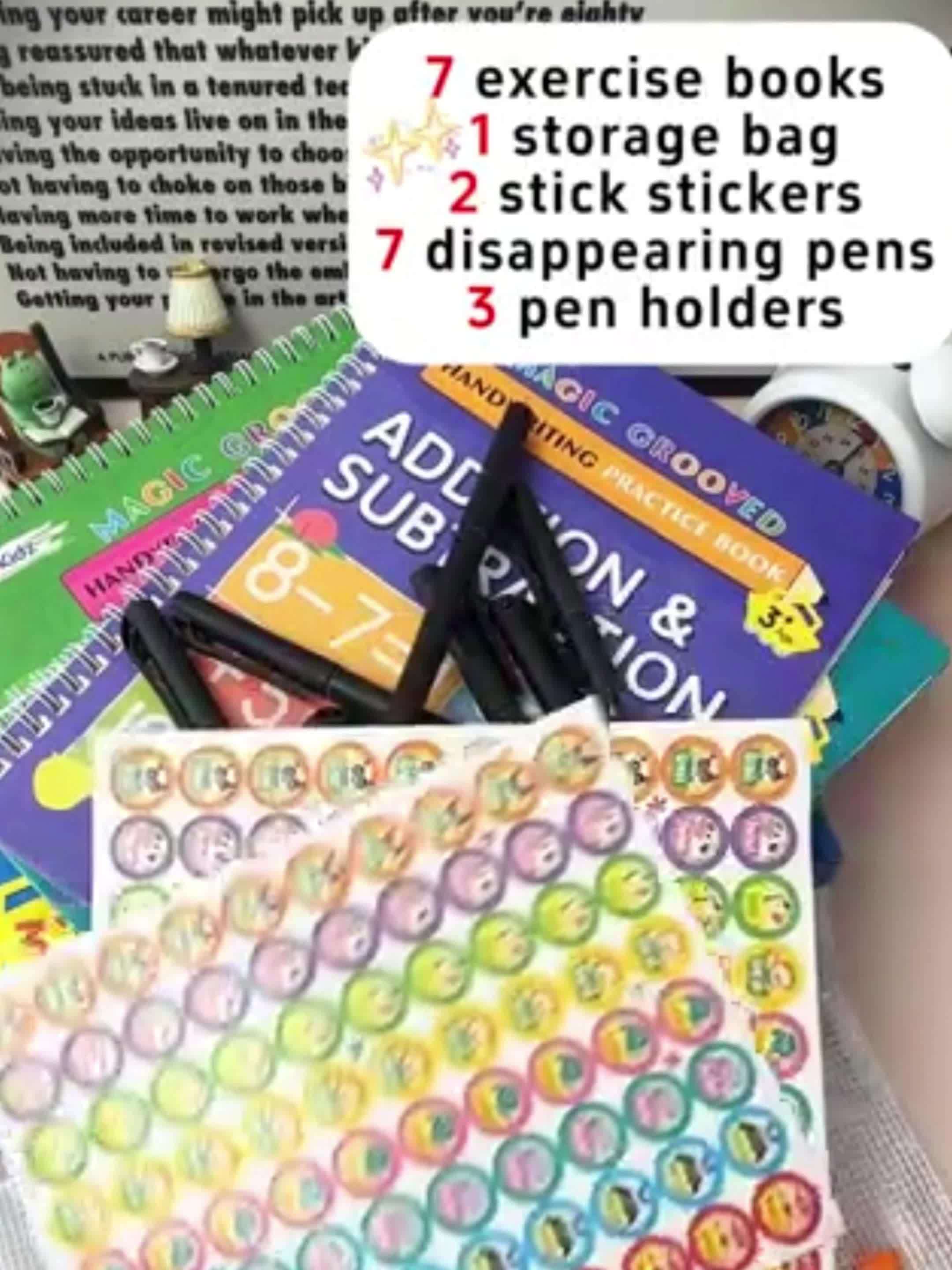 Reusable Magic Grooved Handwriting Workbook Set for Kids Ages 3-8 – 7-in-1 Writing Practice Books with Letters, Numbers, Math & Drawing, 500+ Rewrites, Preschool Learning Gift