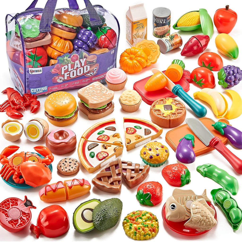 Pretend Cutting Food Playset for Toddlers – 78pcs Simulation Fruits, Seafood & Bakery Kitchen Role Play Toy with Portable Storage Bag, Educational Gift for Kids 18M+