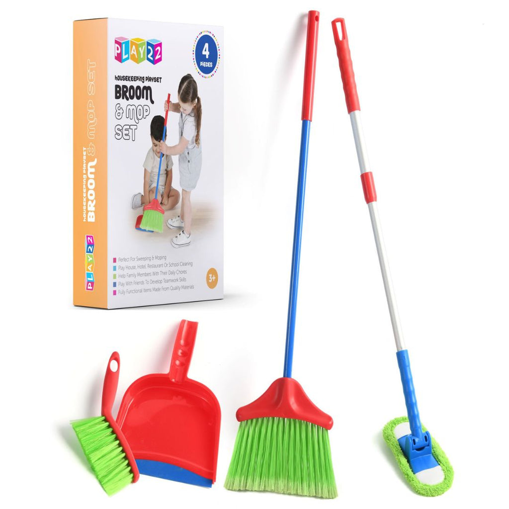 Kids Cleaning Set 4 Piece Toy Broom Mop Brush Dustpan Pretend Play Housekeeping Kit Toddler Girls Boys Birthday Christmas Gift Life Skills Toy