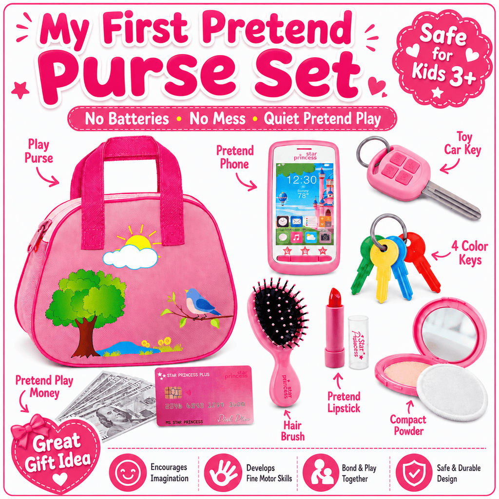 Kids Play Purse Set for Girls Ages 3+ with Pretend Makeup Keys Phone & Play Money – No Mess No Batteries All-in-One Role Play Handbag Toy Birthday Gift