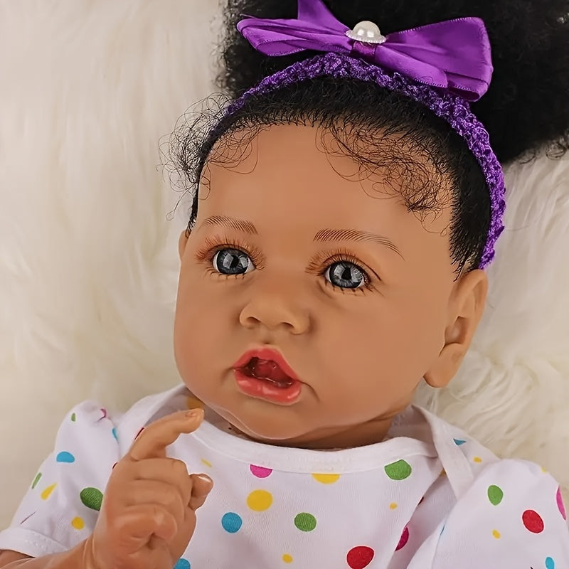 African American Reborn Baby Doll 21.5 Inch – Vinyl Black Doll with Beautiful Painted Pupils Full Set Curly Hair Handmade Hand-Painted Collectible Holiday Gift Ages 3+