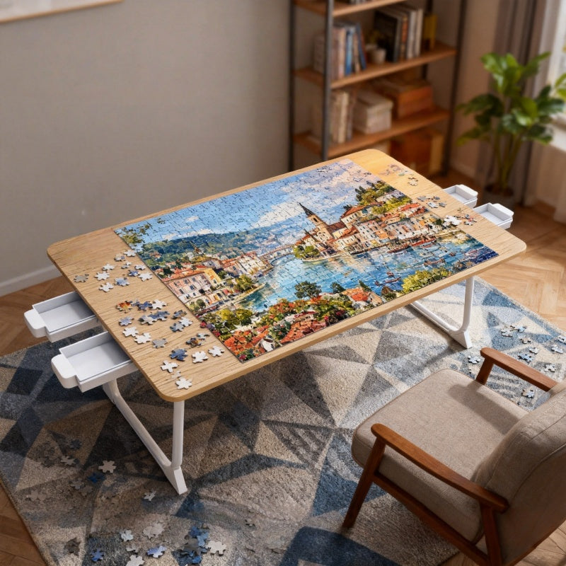 Foldable Puzzle Table with 4 Drawers – Portable Wood-Finish Puzzle Board & Storage Workbench for 1500 Pieces, Lightweight Puzzle Aid for Adults & Seniors, Room Decoration