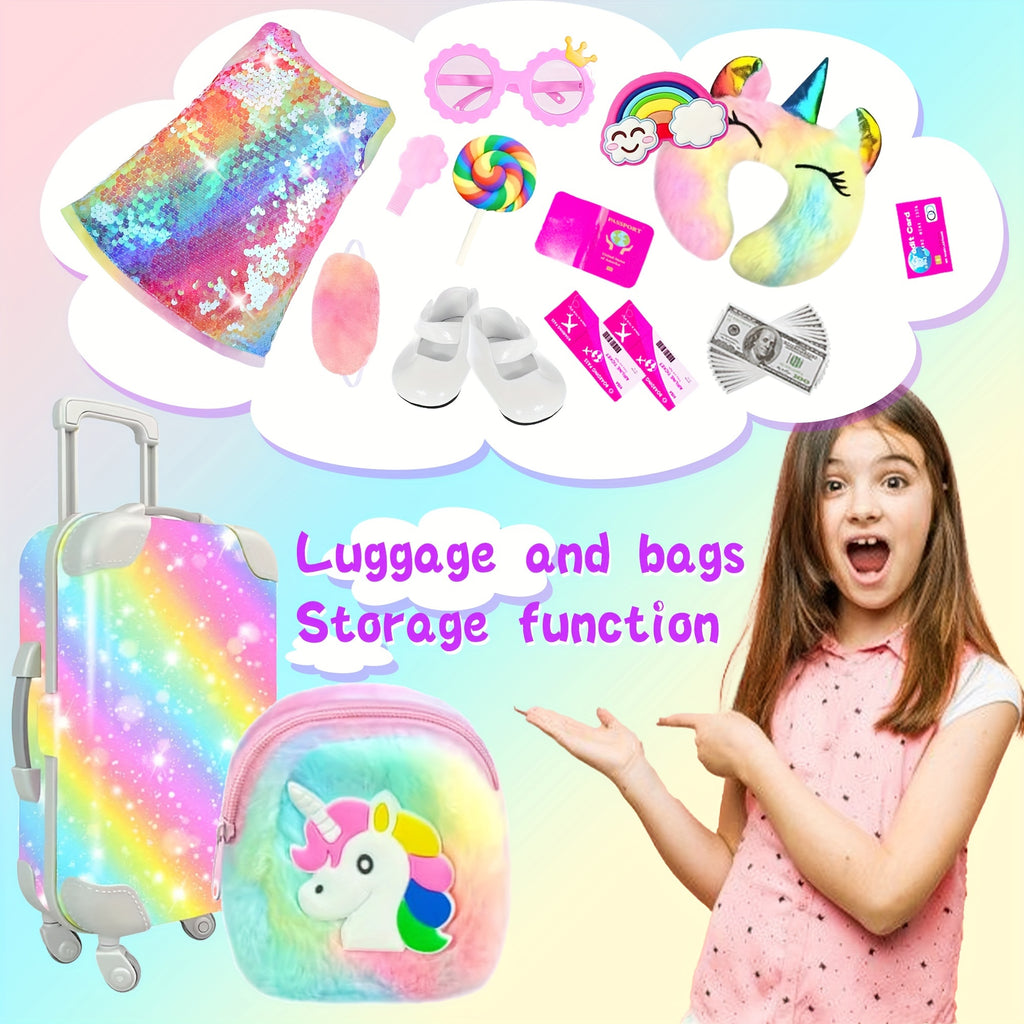 24 Piece Doll Travel Set for 18 Inch Dolls – Suitcase Dress Shoes Handbag Glasses Passport Hairband Pillow Accessories Kit No Doll Girls Ages 3+ Birthday Christmas Gift