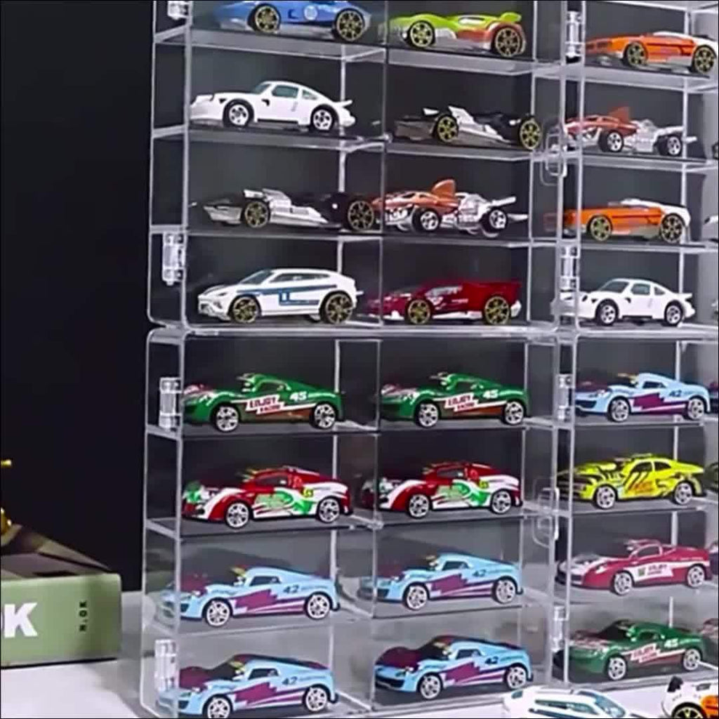 Die-Cast Car Display Case 4pcs 1/64 Scale Acrylic Holds 32 Cars - Dustproof Stackable Clear Storage Organizer for Hot Wheels Matchbox Collectors