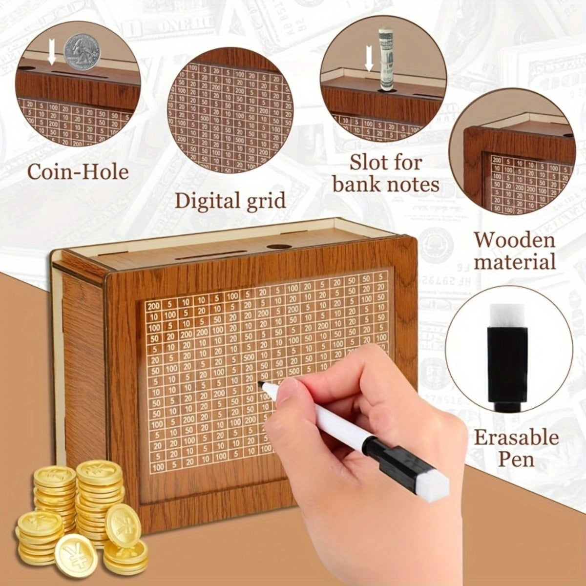 Wooden Savings Bank with Digital Counter 2 Sets – 7.87x5.7 Inch Coin Bank Holds $10,000 Adult Savings Goal Piggy Bank Gift for Friends Family
