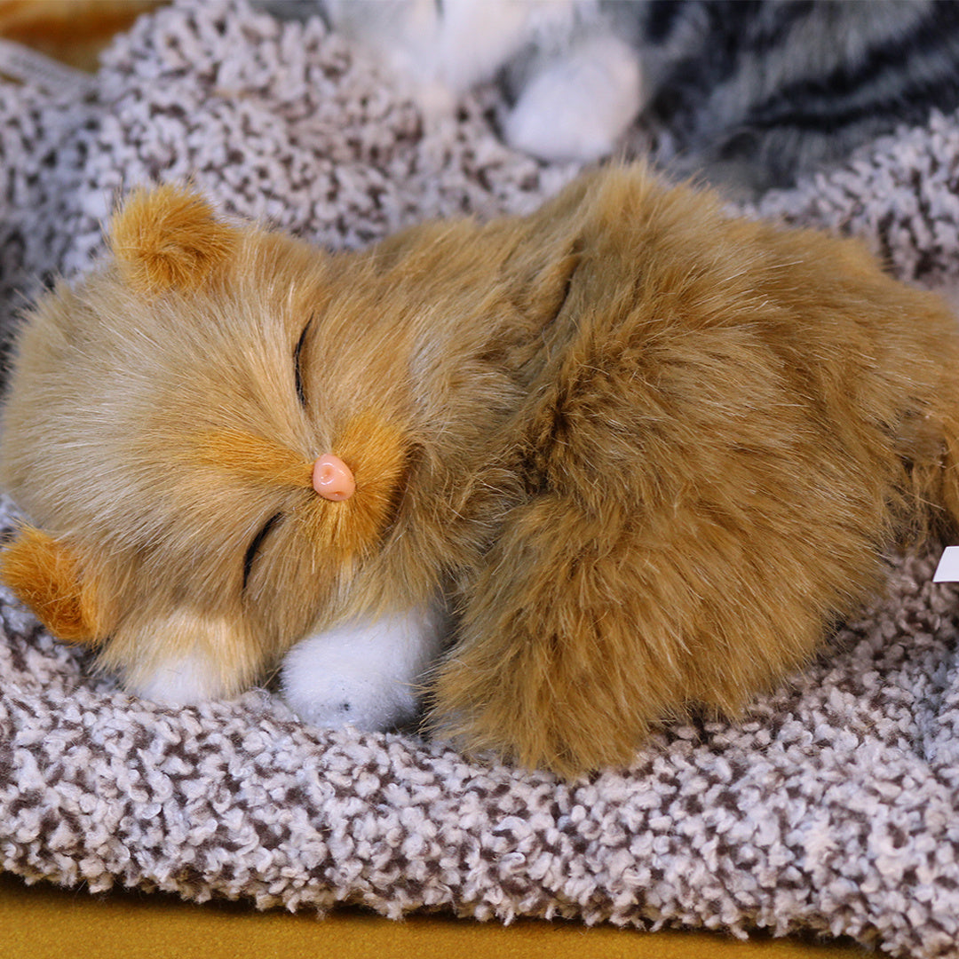 Sleeping Kitten Plush Toy with Meow Sound – Realistic Stuffed Cat Doll Soft Faux Fur, Press-Back Sound, Cute Mini Decor Gift for Kids & Cat Lovers