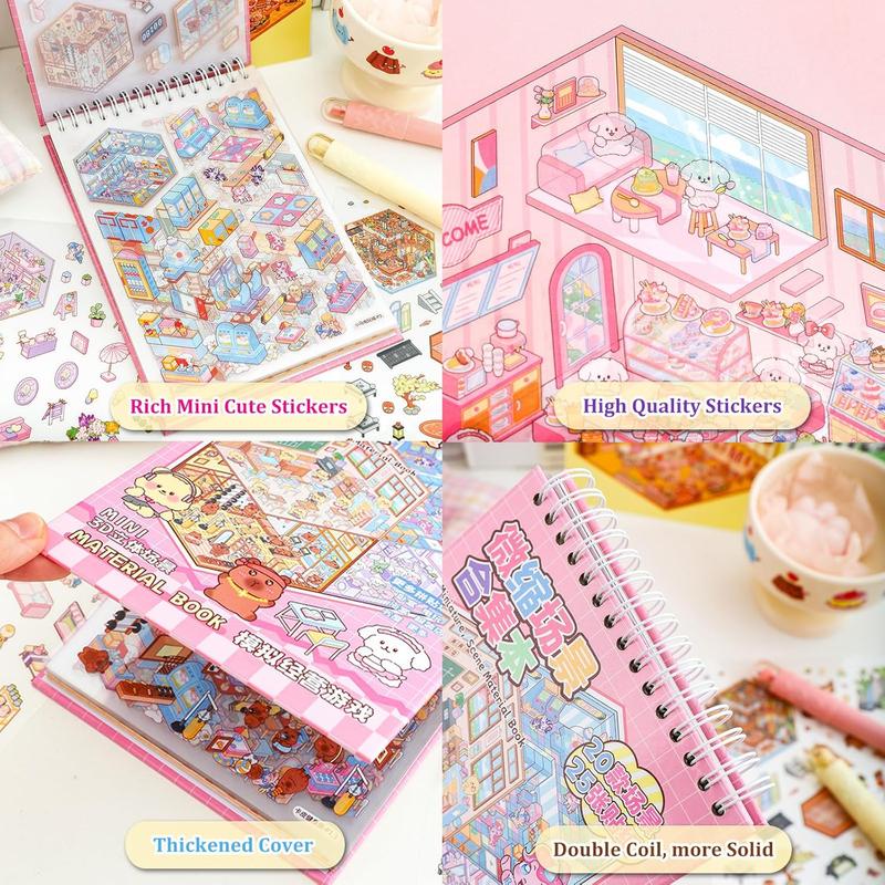 Isometric Sticker Scene Book for Adults, 20 DIY Miniature House and Shop Scenes with Cartoon Animals and Two Tweezers for Relaxing Crafts