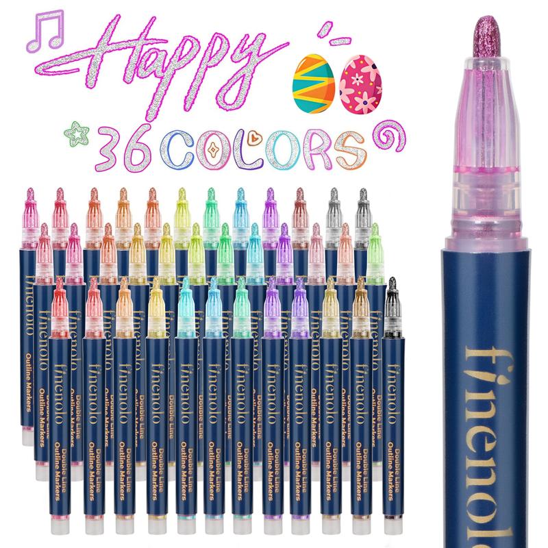 Outline Shimmer Markers for Kids and Adults, FINENOLO Metallic Silver Double Line Pens with Nylon Tips for DIY Crafts, Cards and Holiday Gifts