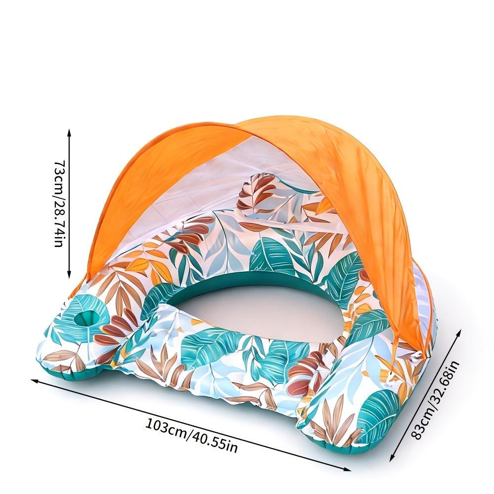 Inflatable Pool Float with Canopy & Cup Holder – Tropical Leaf Adult Floating Lounger for Pool Beach Lake River, Summer Party Raft with Sun Shade