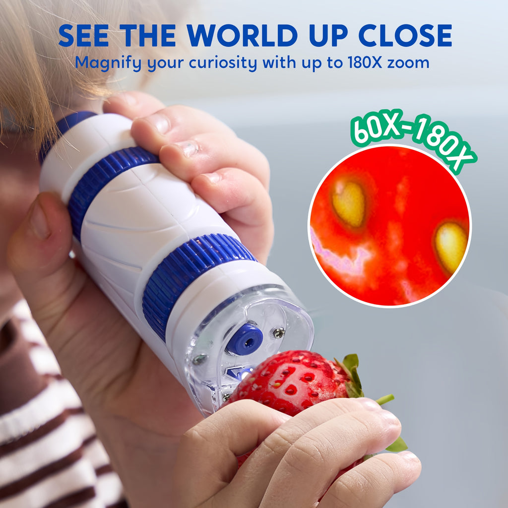 Kids Microscope Explorer Set 2-in-1 Science Experiment Toy 60x-180x Magnification 12 Specimen Slides Phone Holder STEM Gift Boys Girls Ages 5+