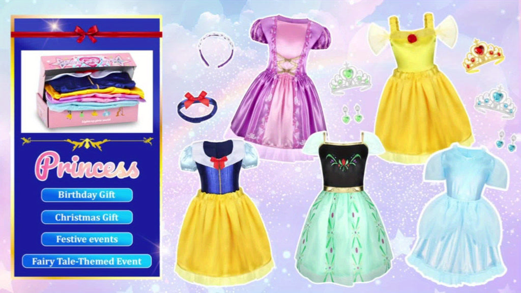 Princess Dress Up Costume Set for Girls 14-Piece, 5 Outfits with Crowns Earrings & Storage Box, Birthday Halloween Gift for Girls Ages 3-6
