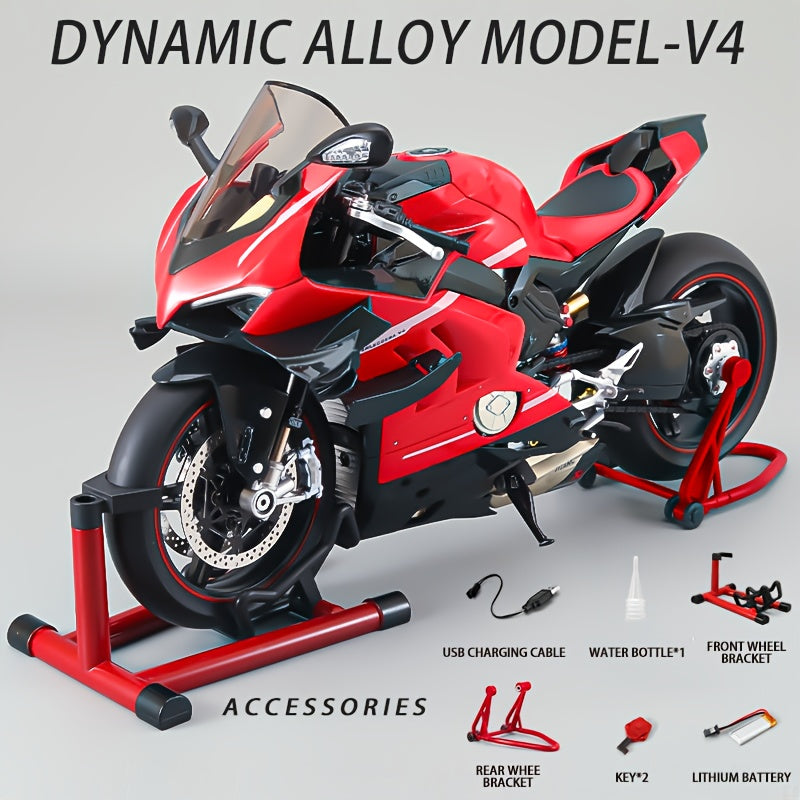 Die-Cast Motorcycle Model with Realistic Sound Effects & Exhaust Spray – 1:6 Scale Alloy Replica with LED Lights, Rotating Wheels & 8 Accessories, Collector Gift for Motorcycle Enthusiasts