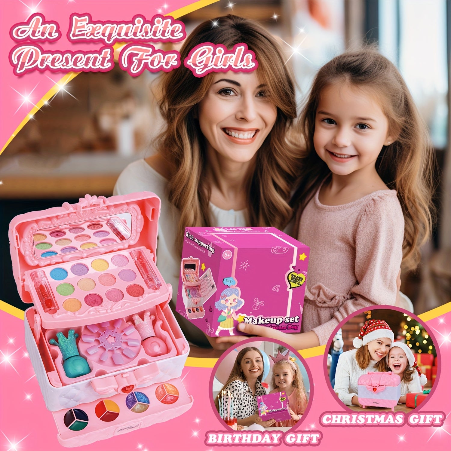Kids Makeup Kit for Girls 48 Piece Washable Hypoallergenic Eyeshadow Blush Lip Gloss Nail Polish Glitter Princess Pretend Play Cosmetic Set Ages 5-12 Birthday Christmas Gift