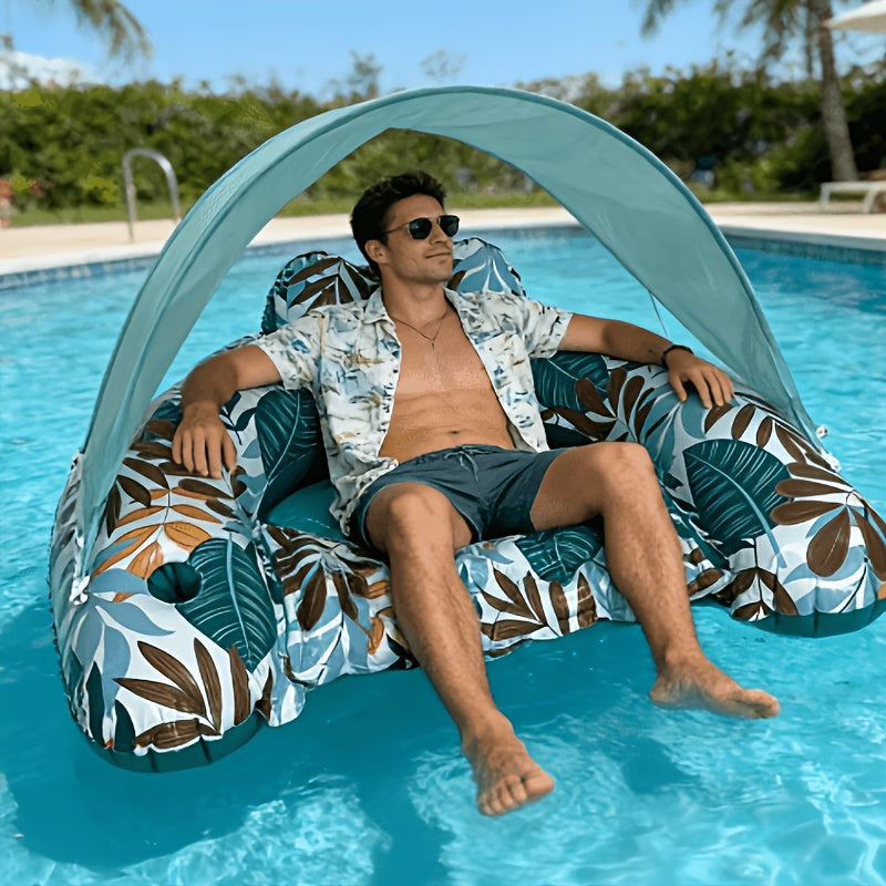 Inflatable Pool Float with Canopy & Cup Holder – Tropical Leaf Adult Floating Lounger for Pool Beach Lake River, Summer Party Raft with Sun Shade