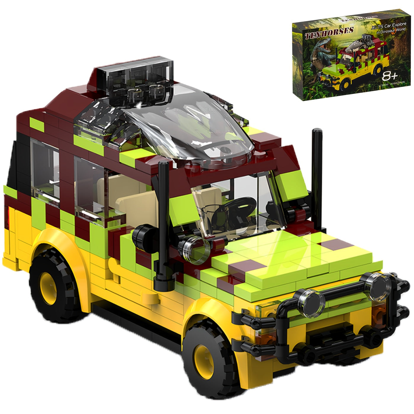 Jurassic Explorer Tour Vehicle Building Blocks Set 309 Pieces - Dinosaur Safari Car Model Kit, Creative Educational Construction Toy, Desk Display Piece, Great Christmas Birthday Gift for Kids Boys Ages 6+