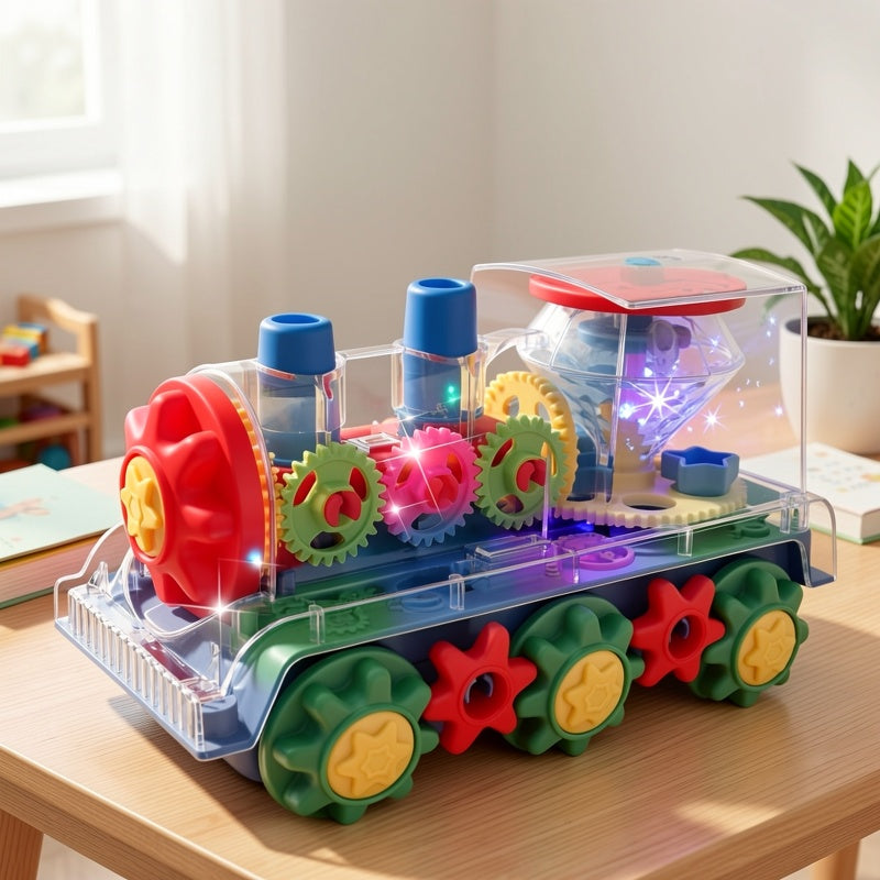Electric Transparent Gear Train Toy for Toddlers with Flashing Lights & Music – 360 Spin Educational See-Through Gear Vehicle, Fun Learning Gift for Boys & Girls Ages 2+