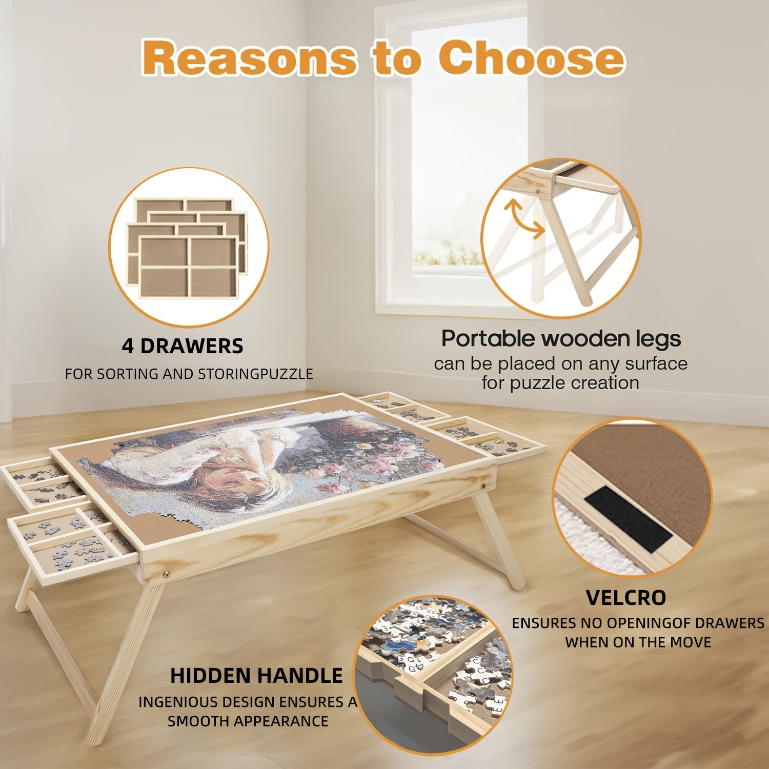 Wooden Puzzle Table Folding Legs 4 Drawers 16 Sorting Grids Portable 1000 Piece Jigsaw Puzzle Board Storage Organizer for Adults Kids School Supplies Gift