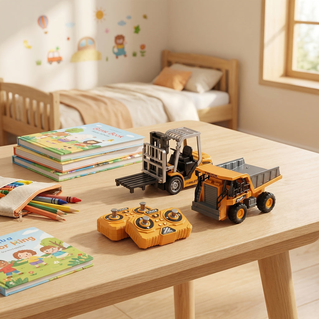 1:64 RC Construction Vehicle Set – 9-Channel Alloy Dump Truck, Forklift & Excavator with 2.4GHz Remote, Diecast Metal Body Mini Desk Toys
