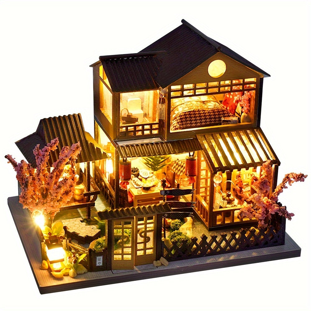 DIY Miniature Sakura House Kit – Wooden Dollhouse Building Kit for Adults, Model Craft Set with Furniture & Accessories, Christmas Halloween Birthday Gift